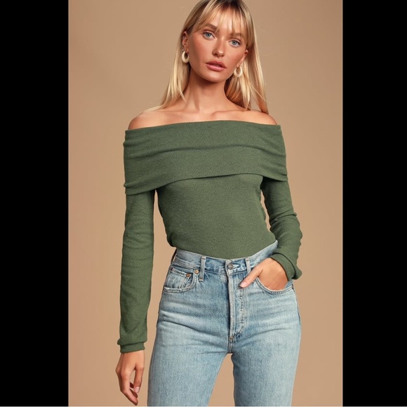 Olive Green Off-the-Shoulder Knit Sweater Top - Picture 4 of 5